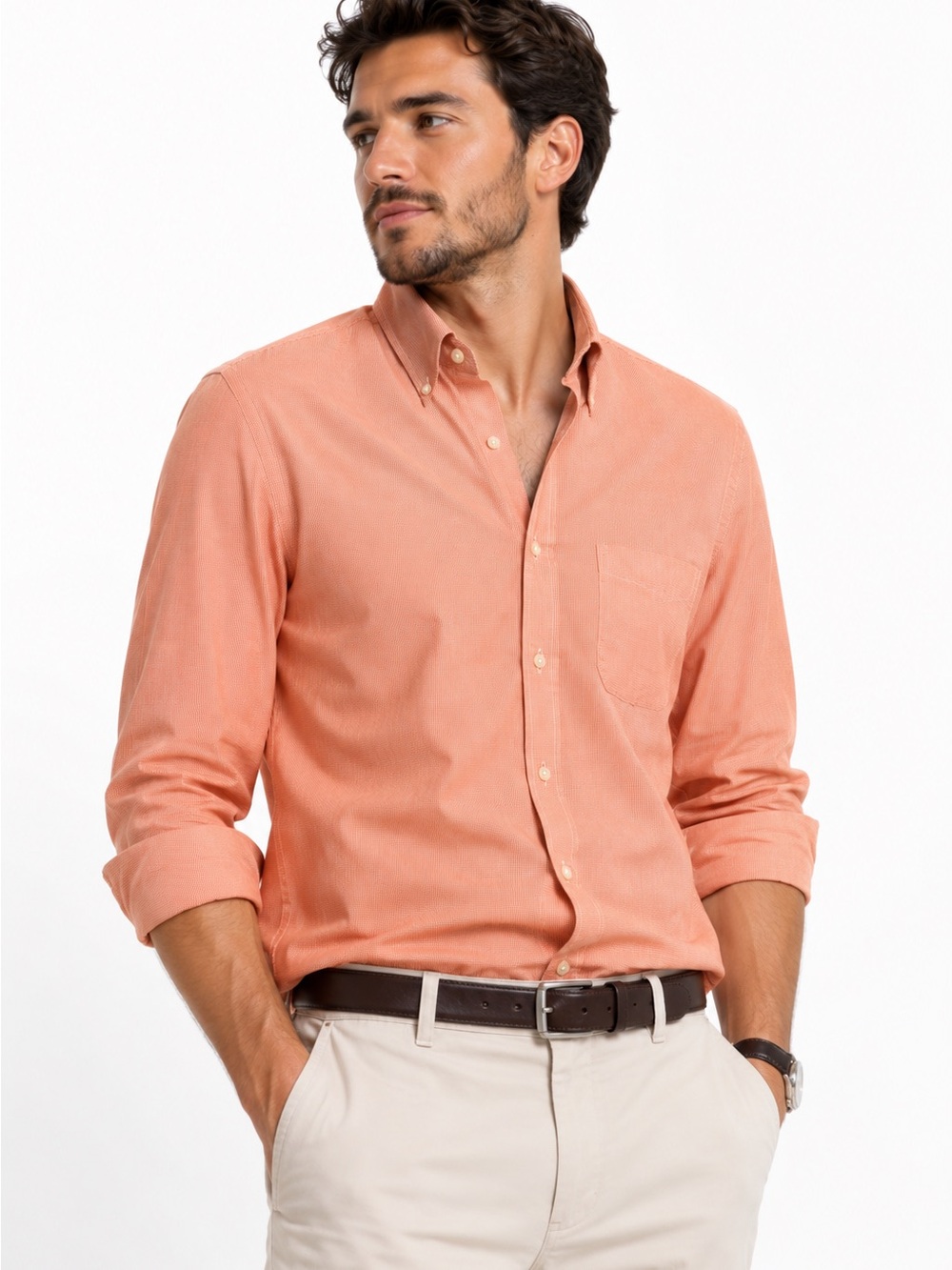 Paul Fredrick Coral Check Button Down Shirt Men 16-33 Trim Fit Cotton